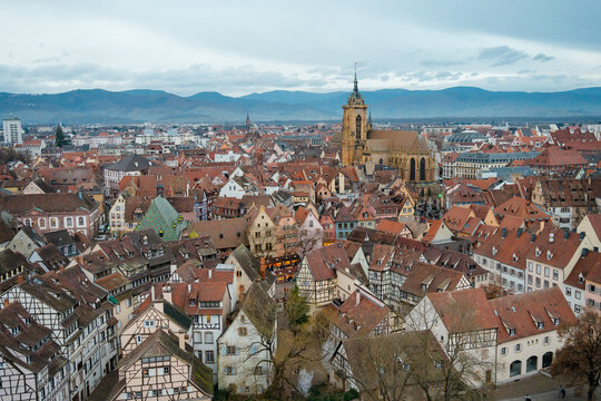 Aerial view of Colmar city in winter