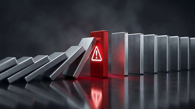 Red warning domino block stopping chain reaction, metallic dominoes falling in row, risk management and business crisis control concept