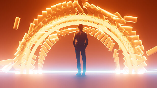 Man Approaching a Radiant Portal to the Future