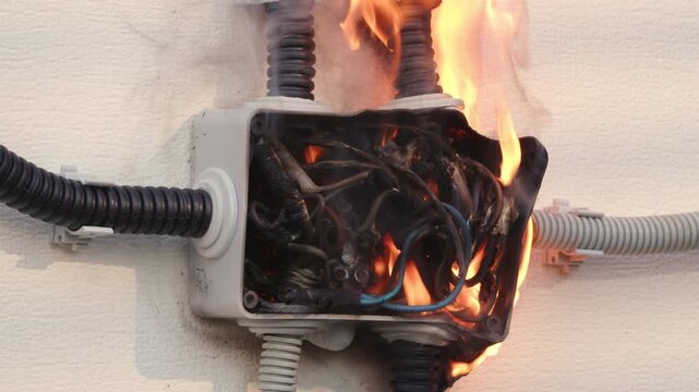 Junction box with electrical wiring is burning, plastic is melting and emitting acrid black smoke, posing risk of fire in home and carbon monoxide poisoning