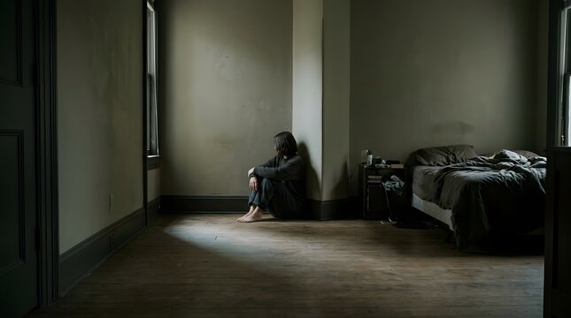 Solitary figure sits in a dimly lit room with antique furniture and a sense of isolation