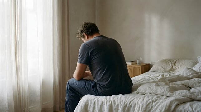 Woman sitting on bed looking out the window lost in thought