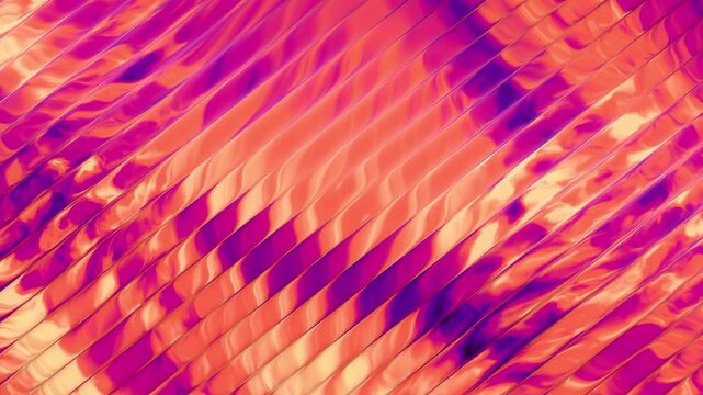 Abstract liquid metal background featuring shimmering diagonal ridges reflecting vibrant pink orange and deep purple iridescent gradients in constant gentle motion