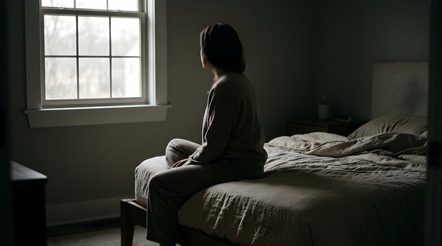 Woman sitting in a dimly lit room looking out a window with a cat