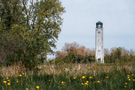 William Livingstone Memorial Lighthouse, an Art Deco marble tower on Belle Isle, Detroit, Michigan, USA, rising above a spring meadow of yellow dandelions