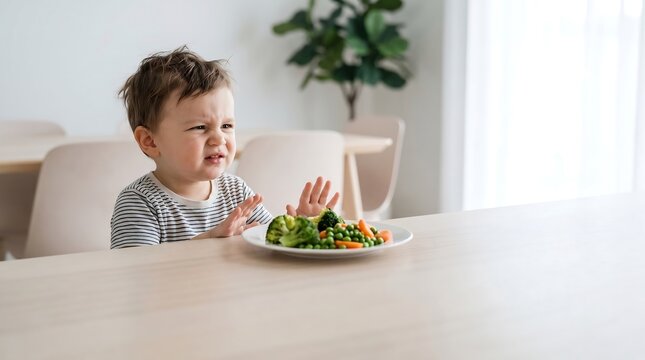 Fussy toddler refuses to eat vegetables, making a disgusted face at a plate of broccoli and carrots