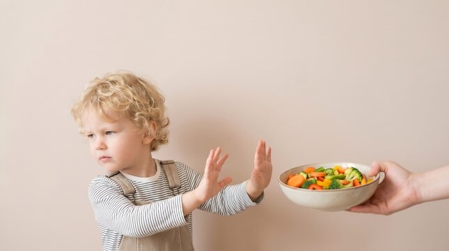 Picky eater toddler boy expressing strong dislike for vegetables and refusing healthy bowl of food