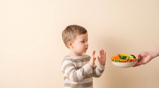 Fussy Little Toddler Boy Refusing to Eat Healthy Fresh Vegetables Bowl Gesture Picky Eater Concept