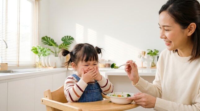 Asian mother feeding stubborn picky toddler daughter refusing to eat broccoli vegetables in kitchen at home