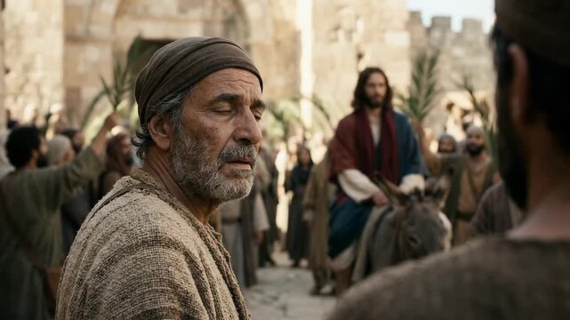 Thoughtful Spectator Turning Toward a Companion as Jesus Christ Enters Jerusalem on a Donkey Behind Him, Cinematic Palm Sunday Scene of Wonder, Uncertainty, Public Reaction, Faith and Human Curiosity