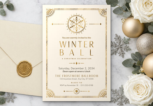 Art Deco Christmas Invitation Template, Elegant Gold Holiday Party Card for Winter Balls, Galas & Formal Events
