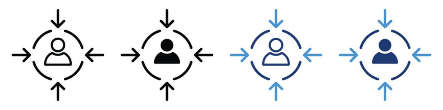 Customer centricity and target audience icon set with a central user profile and inward-pointing arrows in outline and solid glyph styles for buyer persona, customer focus, and UX design.
