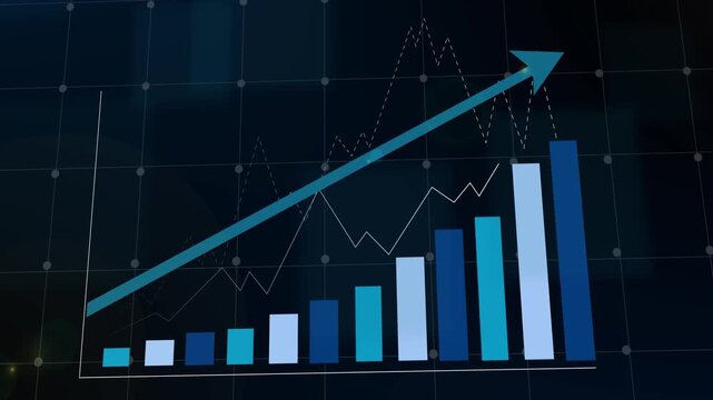 Animated financial bar chart with rising arrow and line graphs on dark grid background, business growth, investment and market performance concept