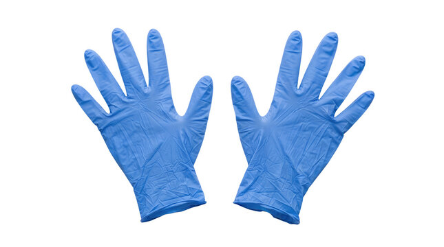 A pair of disposable blue nitrile medical examination gloves laid flat with fingers spread wide open, showing wrinkled texture and rolled cuffs, isolated completely on a clean plain white background