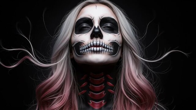 A seamless pattern woman with artistic skull makeup and red spinal body paint