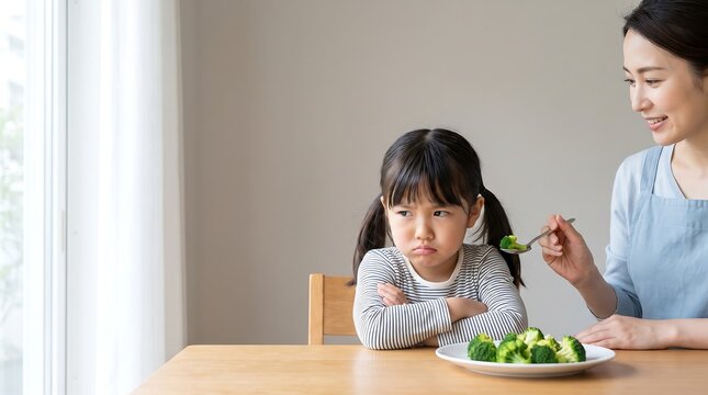 Mother patiently feeding a reluctant child broccoli, highlighting mealtime challenges and picky eating habits