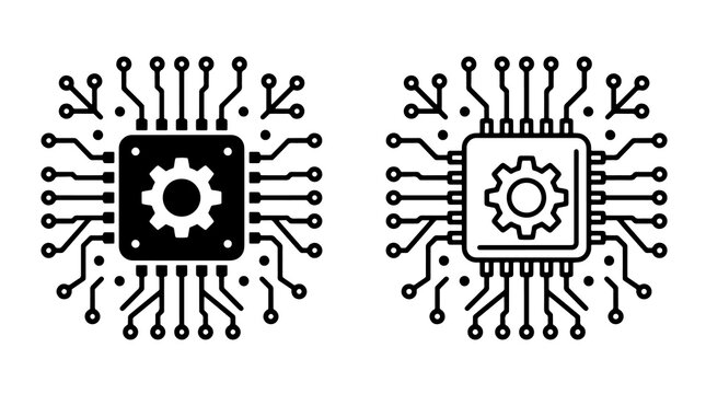 Black cpu chip icon vector illustration with gear symbol