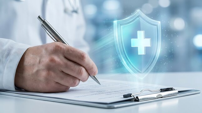 Medical insurance policy signing with holographic medical cross shield icon, healthcare provider desk concept