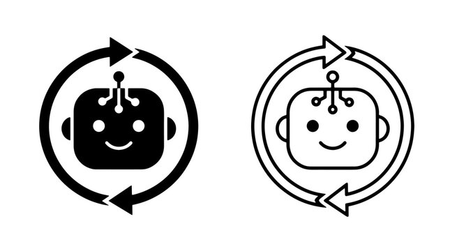 Black and white robot head vector icon with circular arrows