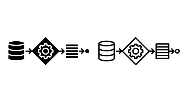 Data processing vector icon set with database and workflow symbols