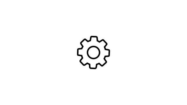 Minimalist outline gear icon rotating on white background motion graphic