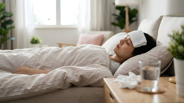 Sick person lying in bed with a cold compress and tissues nearby