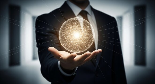 Businessman holding a glowing network sphere of technology and AI