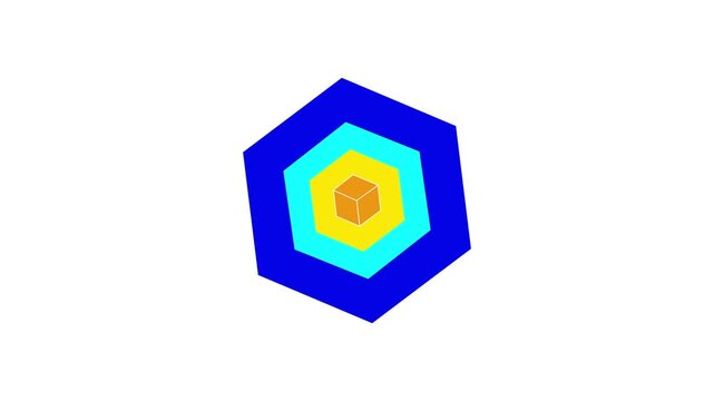 Colorful concentric hexagons rotating with a central 3d cube footage