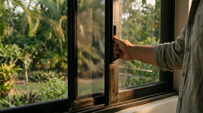 View through glass doors showing a lush tropical garden and a resting feline