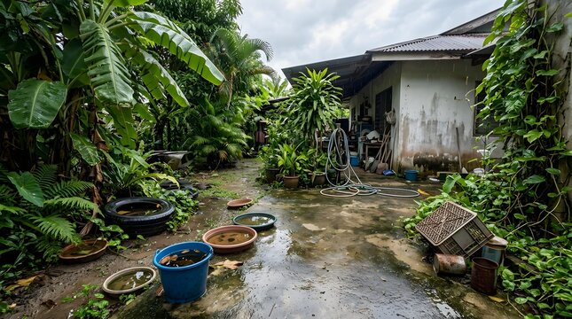 Lush tropical garden with a small stream flowing past a traditional building