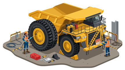 Massive Mining Dump Truck Undergoing Maintenance and Repair. © Habissudah