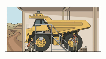 Massive Mining Dump Truck and Worker Illustration. © Habissudah