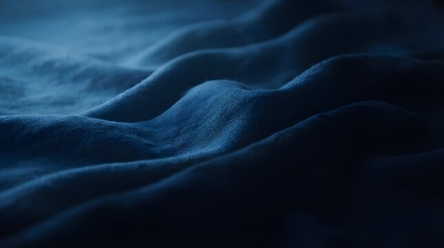 Soft dark blue velvet fabric with wavy folds in dim ambient light