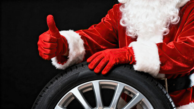 Tires for the holidays: a mechanic in a Santa suit gives a thumbs-up sign to a new tire. Repair, workshop, auto mechanic. New Year's in the transportation sector.