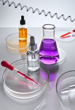 Laboratory Glassware With Serum Dropper Bottles, Pipettes, Petri Dish