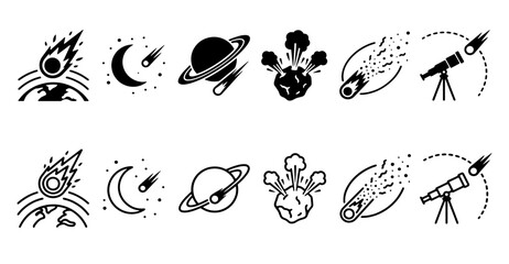Space and astronomy vector icons set, meteor and comet symbol collection, black linear cosmos signs for science design © MdMahmudulHasan