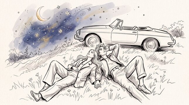 Vintage Convertible Car and Couple Stargazing Under Crescent Moon Watercolor Illustration