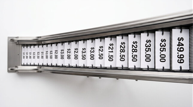 Escalator steps displaying fluctuating dollar price tags rising and falling, market volatility cost oscillation inflation and price instability concept