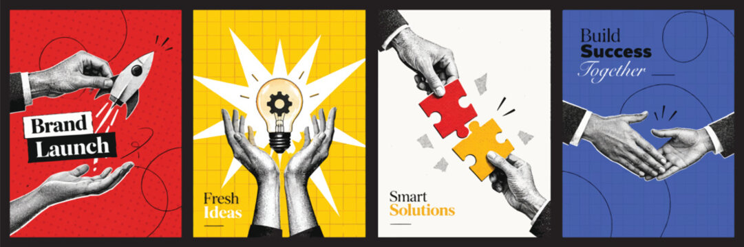 Trendy Halftone Collage Creative Marketing and Business Solution concept set of posters. Online adverting. Hands with Megaphone, Lightbulb and Puzzles. Partner handshake. Vector illustration art