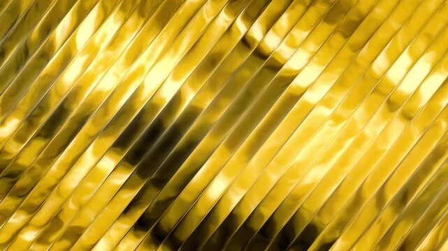 Shiny gold metallic strips reflecting bright light diagonally in slow graceful motion creating an elegant luxurious abstract background pattern