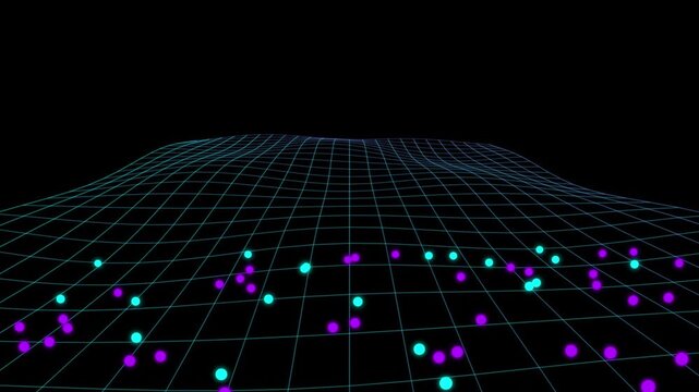 Glowing neon blue and magenta spheres floating above a retro 80s perspective grid