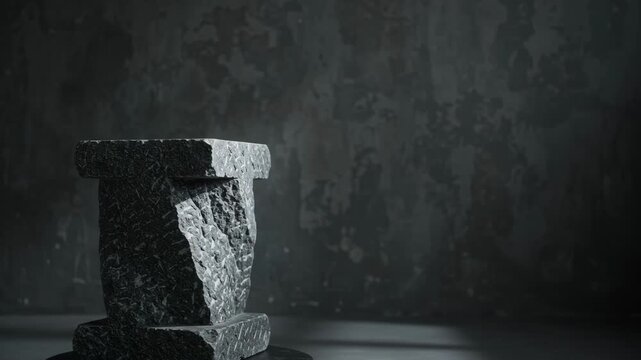 rough dark stone sculpture rotates against textured charcoal wall under dramatic side lighting. abstract geometric artwork with rugged surfaces, deep shadows and gallery mood.