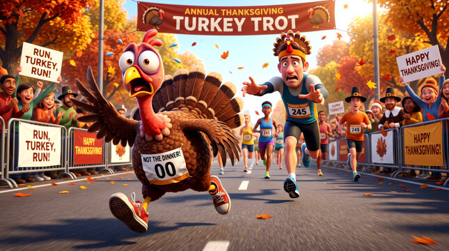 Funny cartoon turkey humorously sprinting and escaping Thanksgiving marathon race