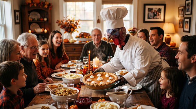 Thanksgiving turkey character dressed as chief chef serving freshly baked pumpkin pie