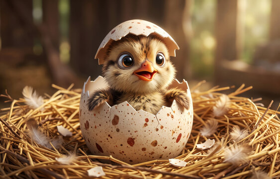 Baby cartoon turkey chick hatching from speckled egg in cozy straw nest