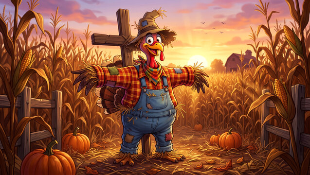 Cartoon turkey dressed as scarecrow standing in golden cornfield at sunset