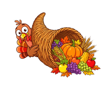 Cartoon turkey peeking out from behind cornucopia isolated on white background