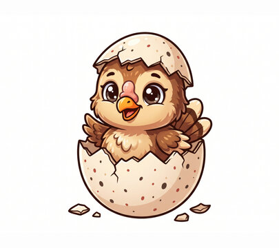 Baby cartoon turkey chick hatching from speckled egg isolated on white background