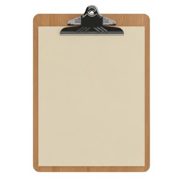 A classic wooden clipboard with a metal clip holding blank beige paper