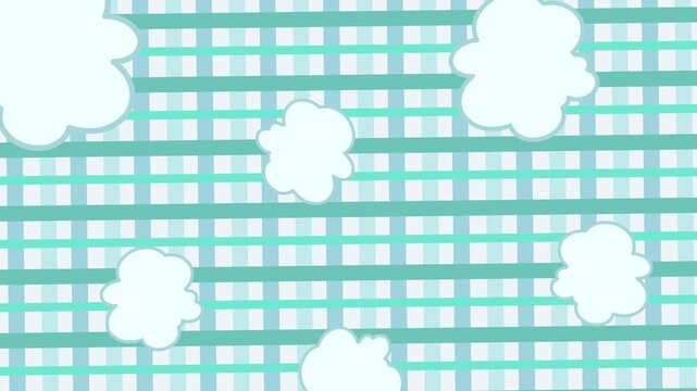 Loopable 2D Animation of White Puffy Cloud Shapes on Teal Blue Gingham Checkered Background with Horizontal Stripes, Anime Reaction Overlay, Cute Seamless Pattern, Spring and Decorative Motion Design